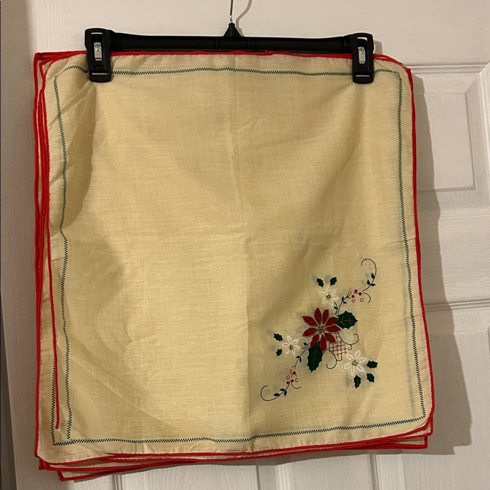 Embroidered Floral Table napkins with Red Trim, set of 8